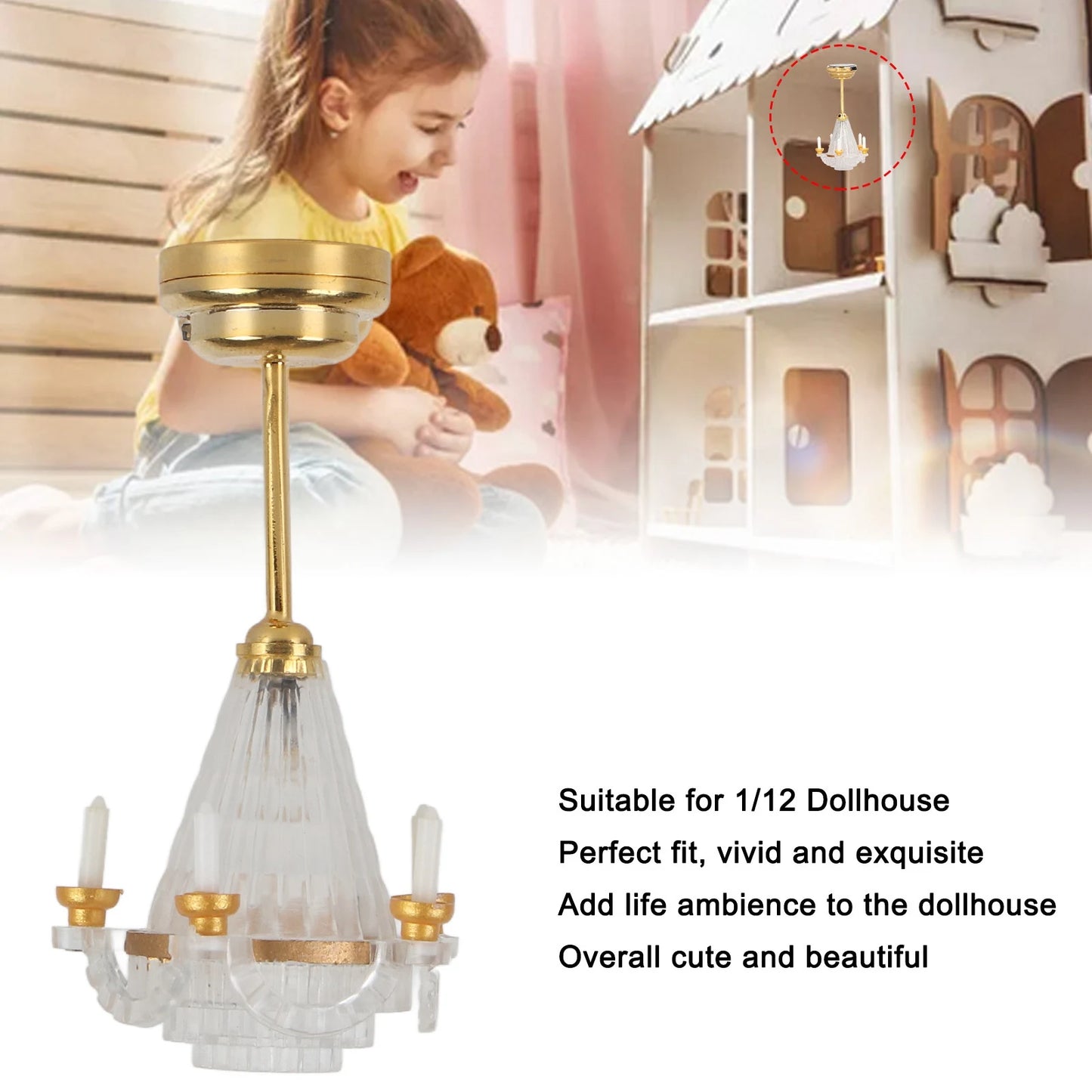 【New】Miniature Chandelier 1/12 Scaled Vivid Decorative Ceiling Lamp with 5 LED Candle for Dollhouse LED Miniature Chandelier