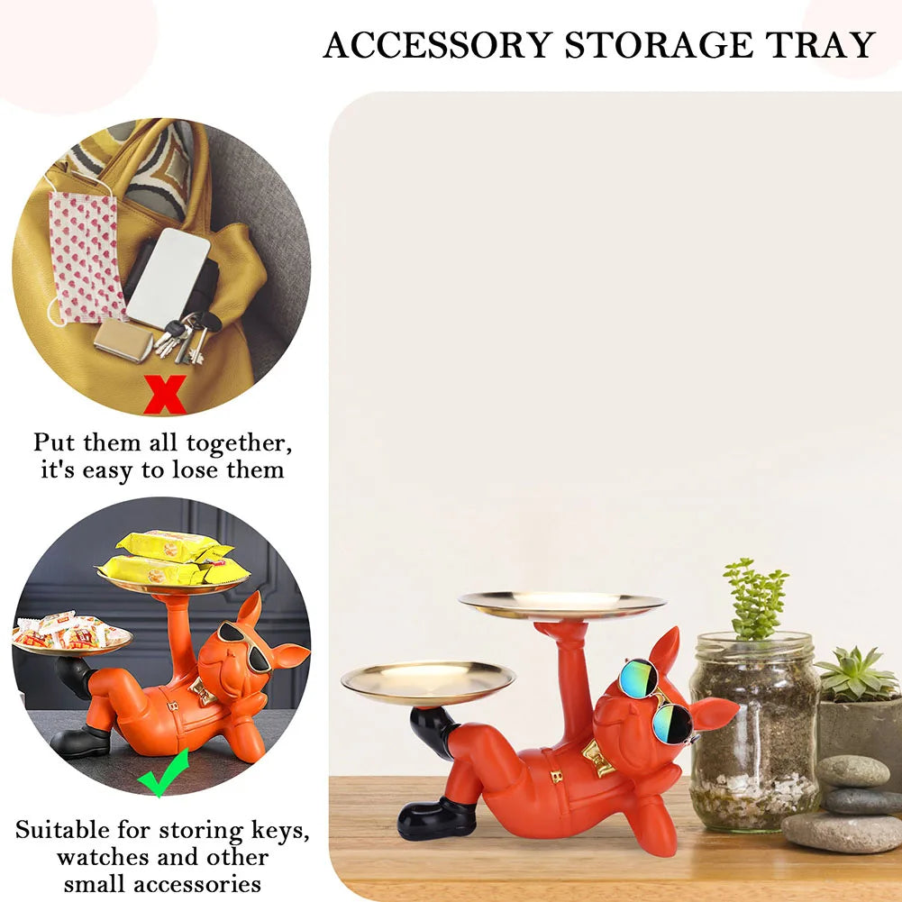 Resin Dog Statue Decor Creative Cute with 2 Tray French Bulldog Sculpture Birthday Gifts Bottom Anti-slip for Home Office Wallet