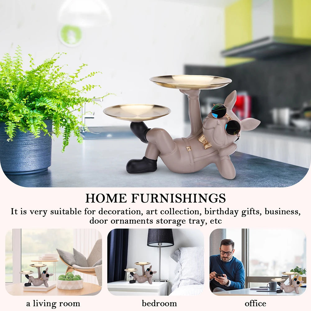 Resin Dog Statue Decor Creative Cute with 2 Tray French Bulldog Sculpture Birthday Gifts Bottom Anti-slip for Home Office Wallet