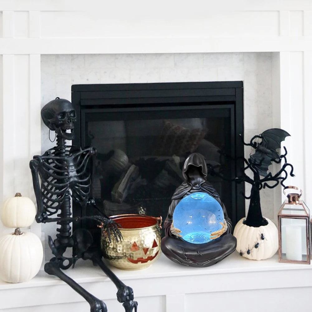 Halloween Gothic Reaper Crystal Ball Grim Reaper Statue with Floating Bats Scary Magical Glowing Balls Home Atmosphere Decor