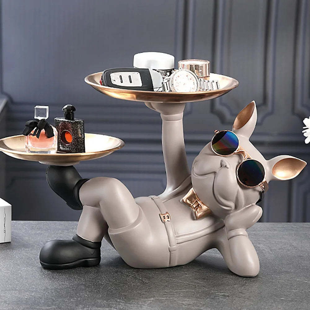 Resin Dog Statue Decor Creative Cute with 2 Tray French Bulldog Sculpture Birthday Gifts Bottom Anti-slip for Home Office Wallet