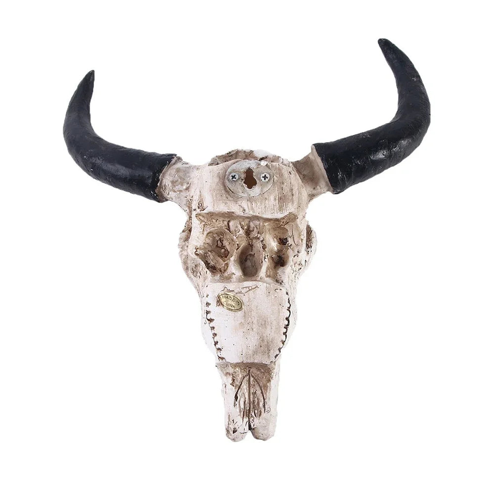 Creative Horns Skull Ornament Resin Longhorn Cow Skull Head Wall Hanging Ornament 3D Figurines Retro Bull Skull Craft Home Decor