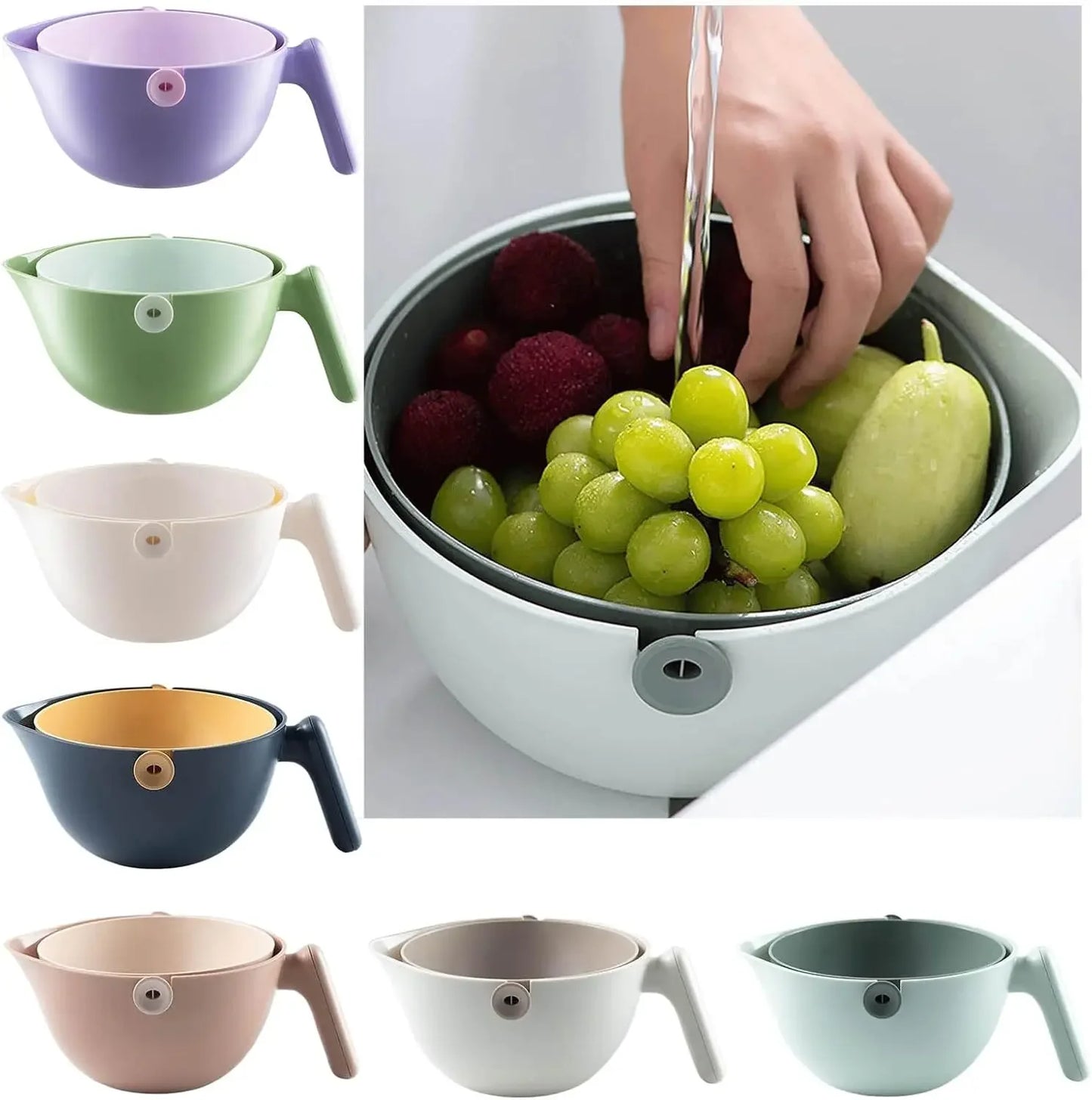 2 in 1 Kitchen Colander Set, Vegetable and Fruit Rotating Cleaning Colander with Handle, for Fruits Vegetables Pasta Noodles Was