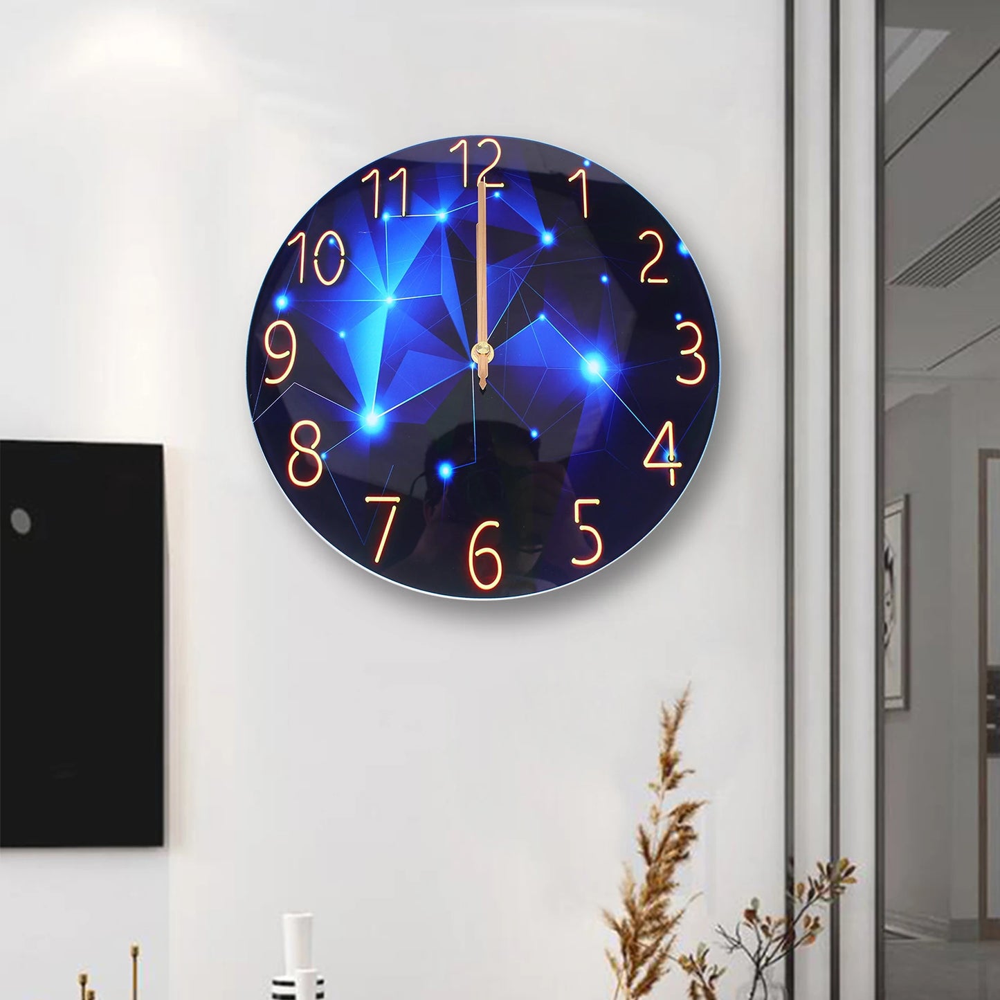 12Inch Wall Clock Silent Large Wall Clock Glass Wall Clock Battery Operated Blue Decorative Wall Clocks
