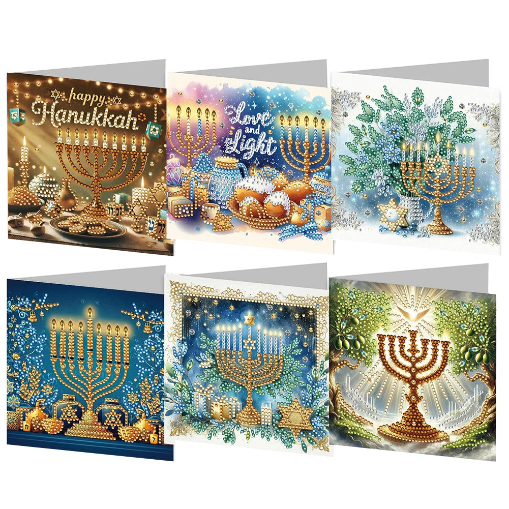 6pcs DIY Rhinestone Diamond Art Mosaic Postcards Hanukkah Pattern Hanukkah Designs for Birthdays Thanksgiving & Special Occasion