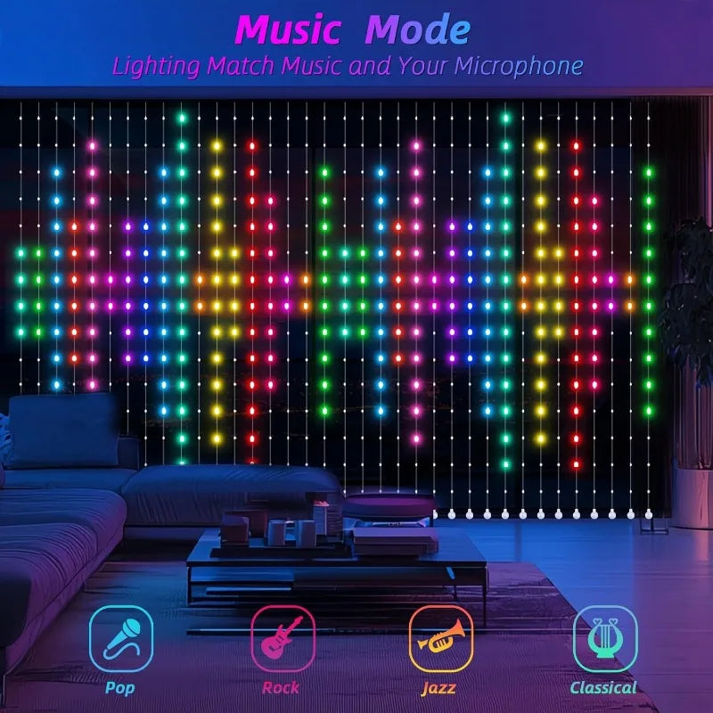 MIMI RGB Curtain Lights 400LEDs,Smart LED Curtain Light,IP65 Waterproof,Smart LED Wall Lights with APP&Remote