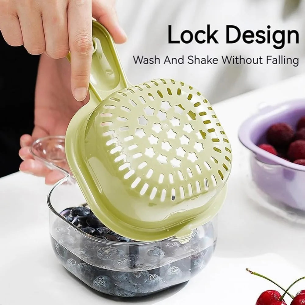 Kitchen Dual-Layer Draining Basket with Handle, Upgraded Fruit Vegetable Washing Bowl with Strainer Container, Multipurpose Port