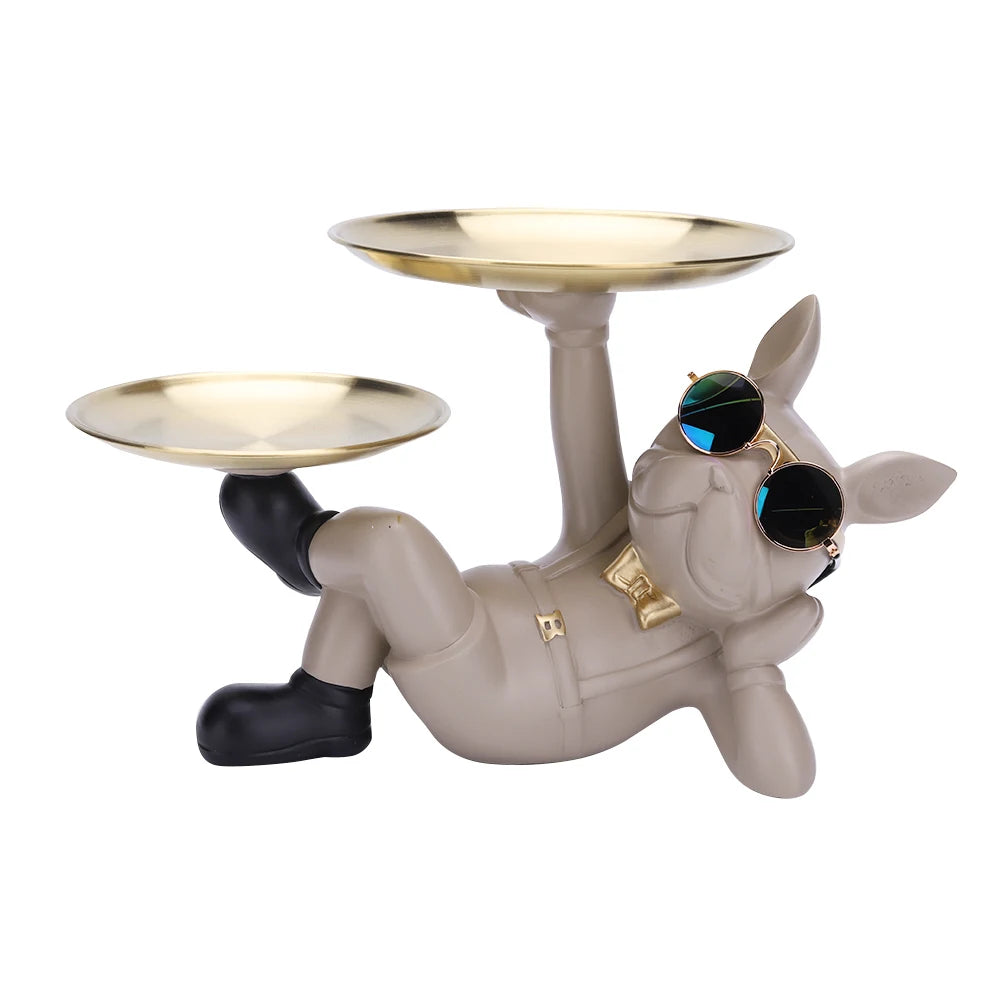 Resin Dog Statue Decor Creative Cute with 2 Tray French Bulldog Sculpture Birthday Gifts Bottom Anti-slip for Home Office Wallet