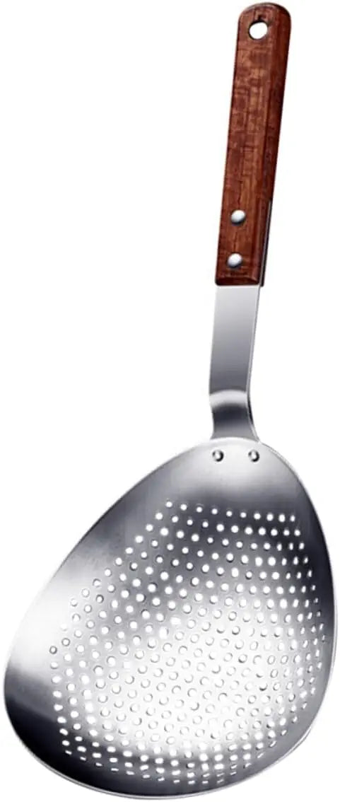 Stainless Steel Slotted Spoon Wooden Handle Food Serving Strainer for Hot Pot and Frying Kitchen Colander for Pasta and Oil Drai