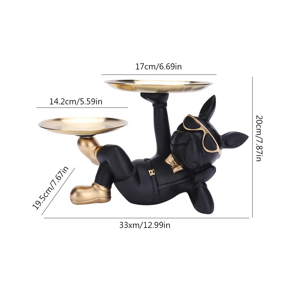 Resin Dog Statue Decor Creative Cute with 2 Tray French Bulldog Sculpture Birthday Gifts Bottom Anti-slip for Home Office Wallet