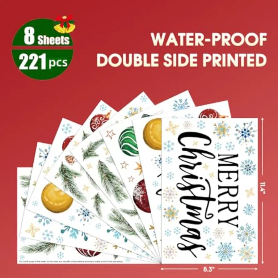 221 PCS Christmas Window Cling Sticker Set with Xmas Balls Branches and Snow Design for Home and Party Decorations Ideal for Sh