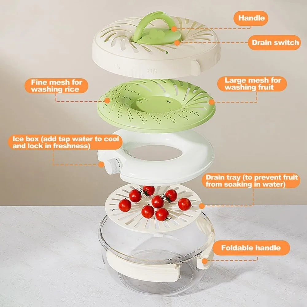 Fruit Washing Bowl with Strainer and ice box, Strainer Container with Lid, 2 in 1 Drain Basket with Foldable Handle, Berry Fruit
