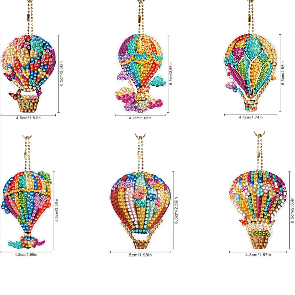 6Pcs Acrylic Double Sided Hot Air Balloon Full Drill Keyring Diamond Painting Art Keychain Pendant for Birthday Party Decor