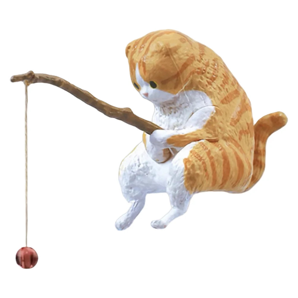 7PCS Cute Fishing Cats Ornament Mini Cat Sitting Figurines Cartoon Fish Landscaping Fish Tank Miniatures Home Decoration Crafts