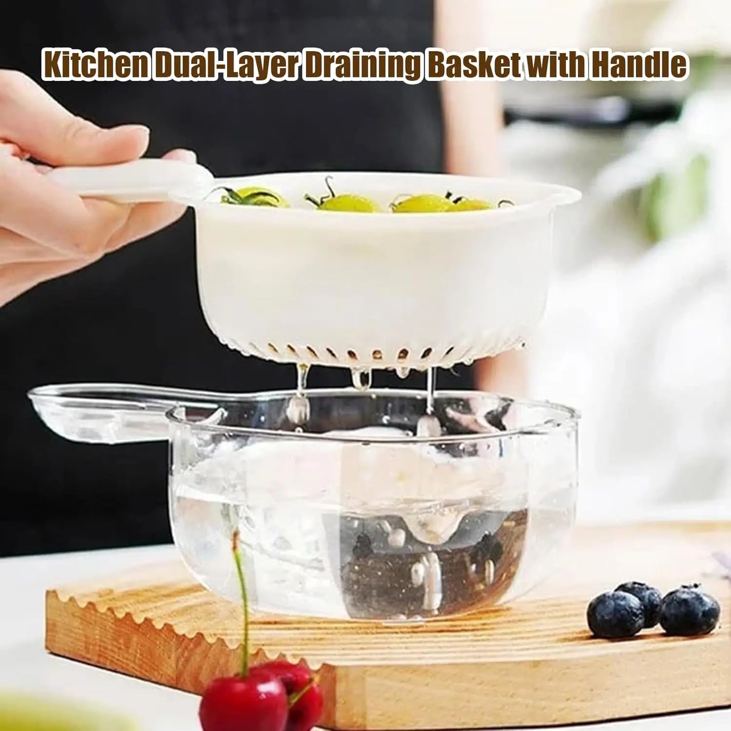 Kitchen Dual-Layer Draining Basket with Handle, Fruits and Vegetables Washing Draining Basket, Portable Multipurpose Draining Ba