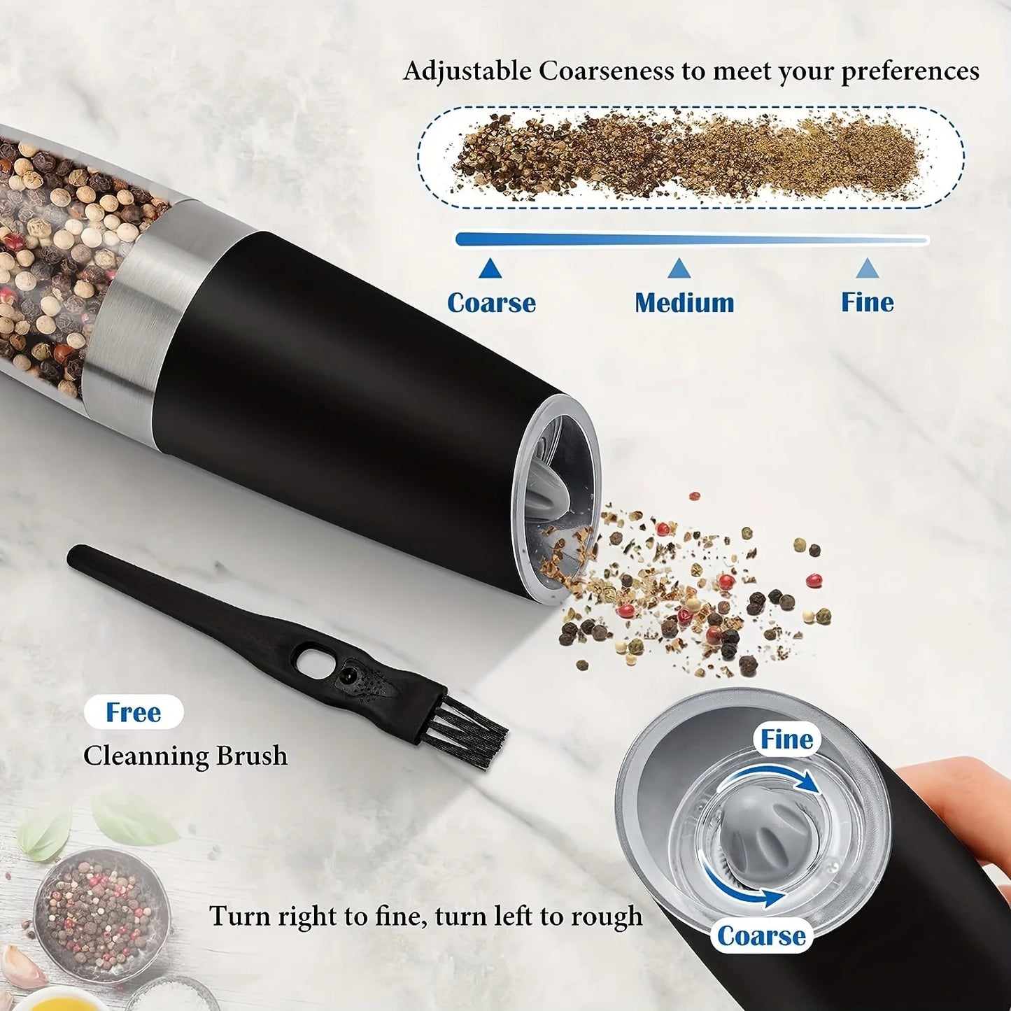 2-piece Automatic Seasoning Grinder, Adjustable Thickness,Battery powered, used for grinding spices such as pepper and sea salt