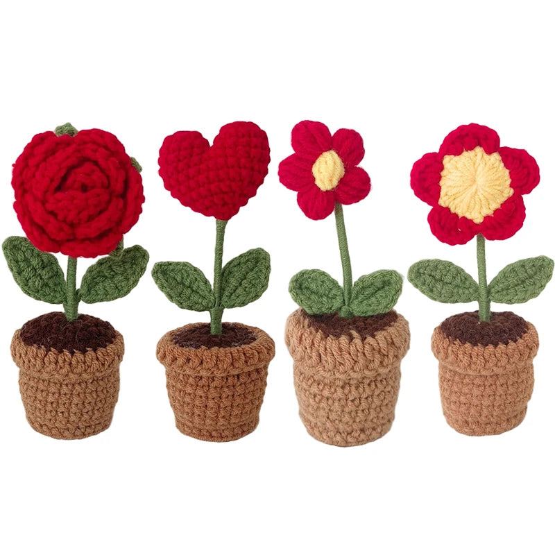 New Hand Knitting Potted Plants Handwoven Rose Sunflower Tulip Crochet Flower Bouquet Potted Ornament Table Home Room Decoration