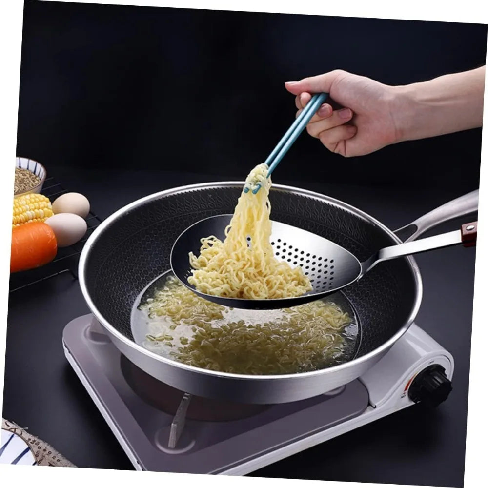 Stainless Steel Slotted Straining Colander Wooden Handle Kitchen Frying Strainer for Dumplings Pasta and Vegetables Sturdy Cook