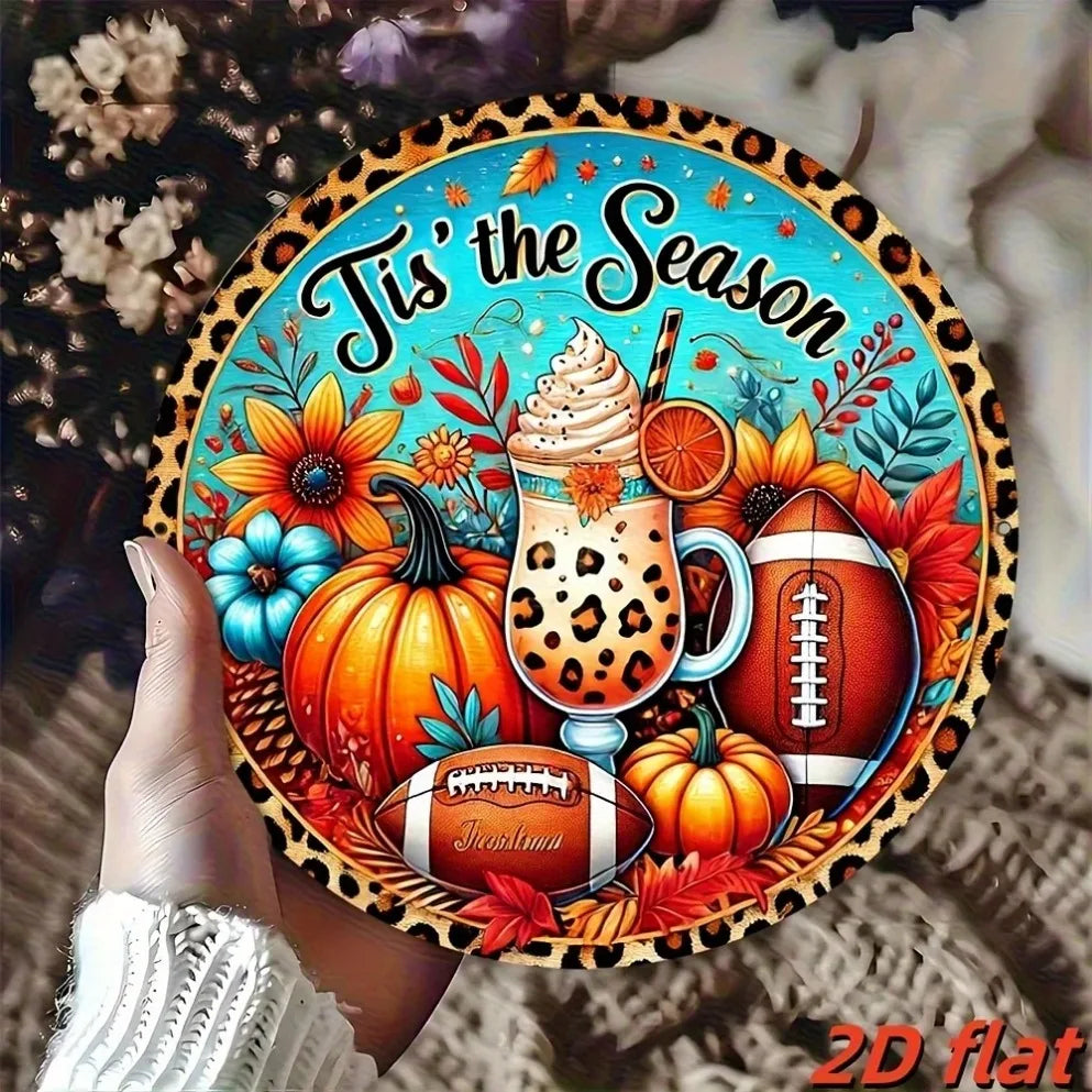 "Autumn Leopard Print Football Pumpkin Aluminum Sign – Wall Hanging Decor & Festive Wreath Accent | Perfect for Home Decor"