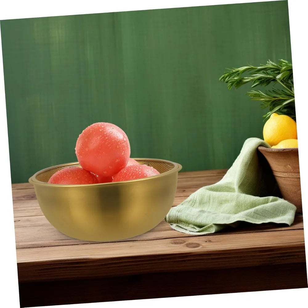 1 Set Stainless Steel Colander and Bowl Set Fine Mesh Strainer with Gold Bowl Compact Kitchen Drainage for Rinsing Fruits Veget
