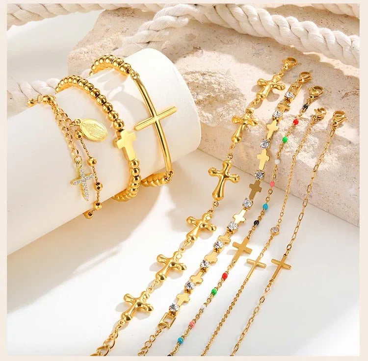 316L Stainless Steel Cross Bracelet for Women, Adjustable Chain Religious Christian Jewelry Daily Wear 2025 Trendy