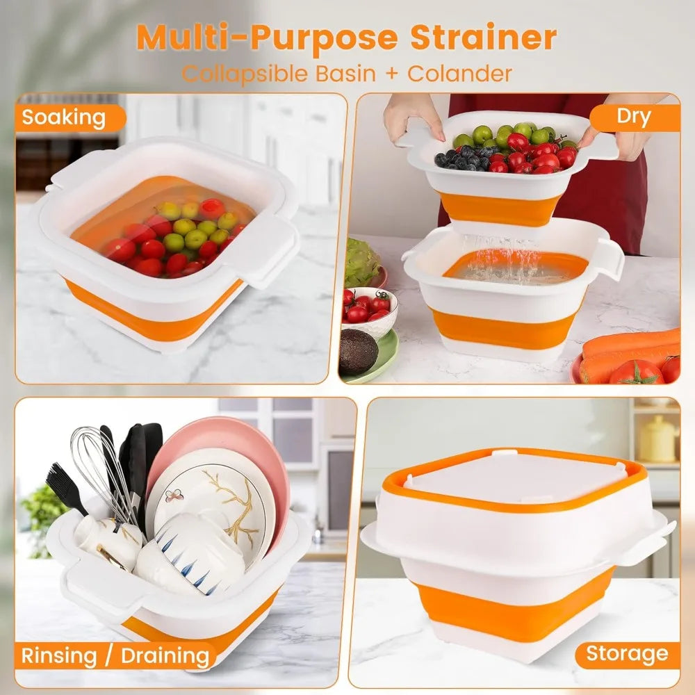 Collapsible Colander Set with Strainer Bowl, 2 in 1 Fruit Washing Basket with Strainer, 5 + 3 QT Plastic Colander for Kitchen, F