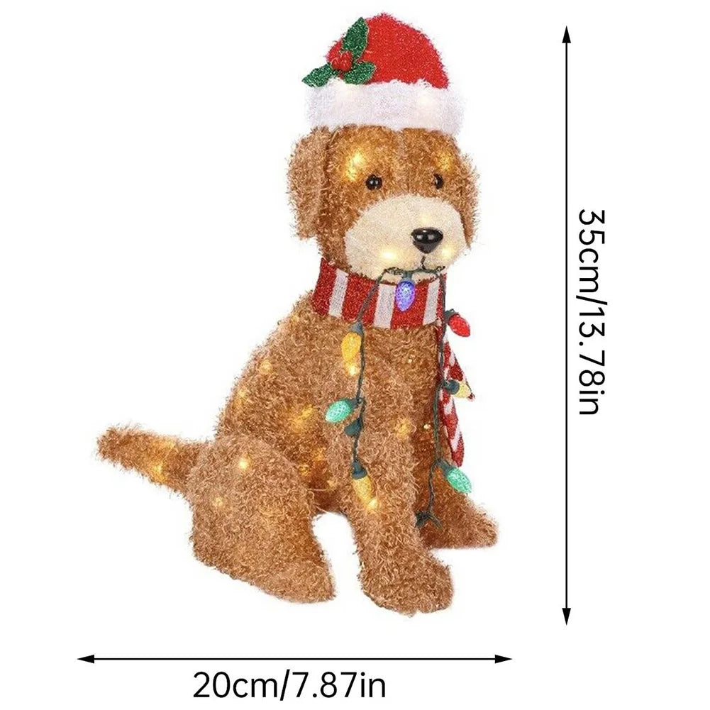 Mimic Dog Shape Sign Waterproof Light Up Puppy Figurine Wearing Xmas Hat Acrylic for Home Garden Front Pathway Walkway