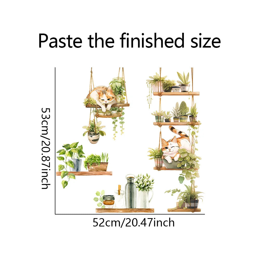 1pcs Painted Cat Green Plant Pot Home Background Wall Decoration Wall Stickers Self-Adhesive