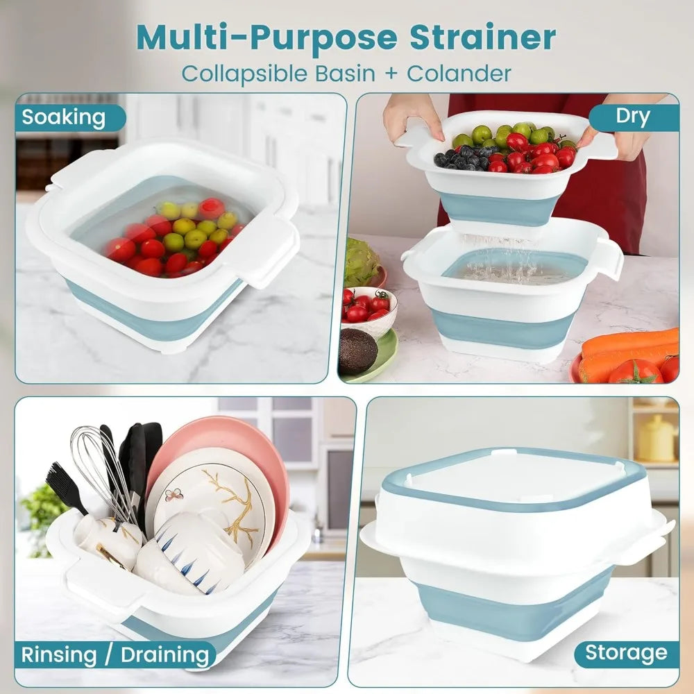 Collapsible Colander Set with Strainer Bowl, 2 in 1 Fruit Washing Basket with Strainer, 5 + 3 QT Plastic Colanders for Kitchen,