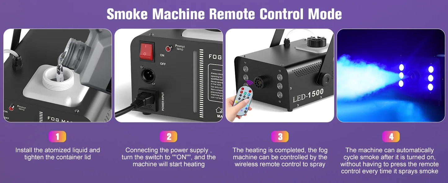 U'King 1500W Smoke Machine RGB 6 LED Fog Machine with Remote Control for DJ Disco Party Nightclub Stage Effect Fogger Machine