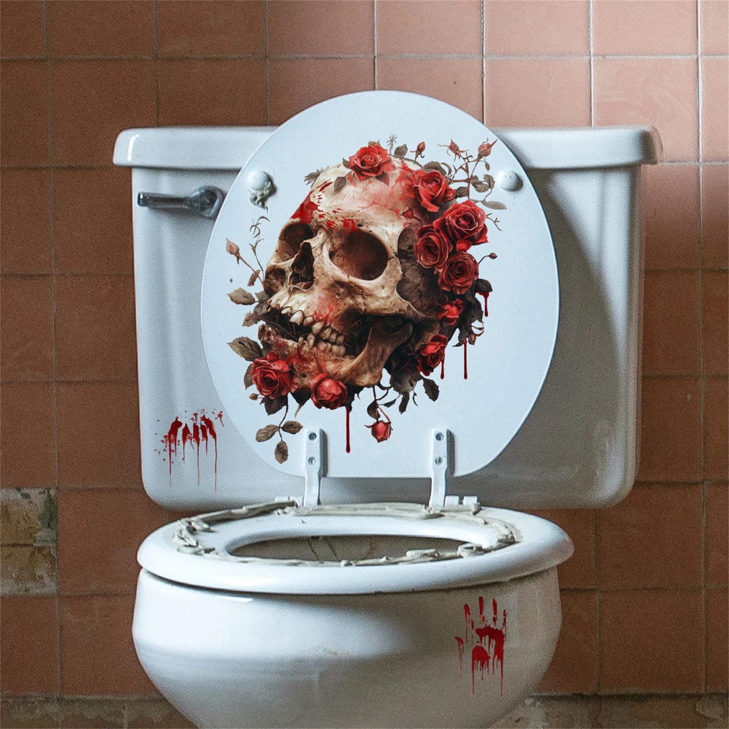 Gothic Skull and Roses Toilet Seat Decals Halloween Bathroom Stickers for Kitchen Decorations and Accessories