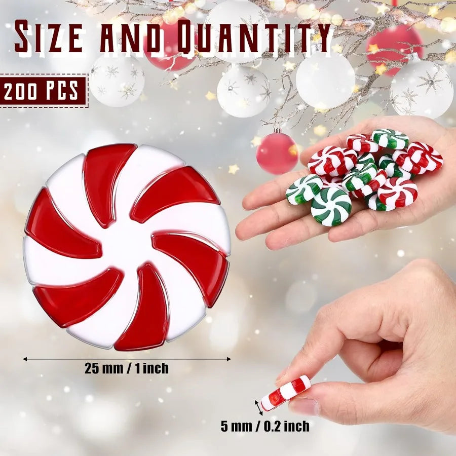 200 Pcs 25 mm Fake Christmas Candy Cane Peppermint Ornaments for Christmas Tree Decorations Xmas Candy Decor Ornaments Craft fo