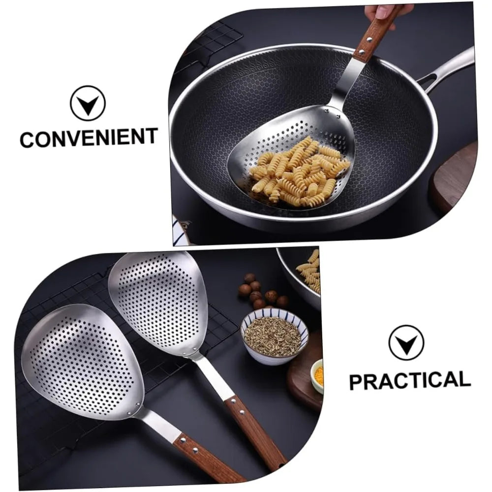 Stainless Steel Slotted Spoon Wooden Handle Food Serving Strainer for Hot Pot and Frying Kitchen Colander for Pasta and Oil Drai