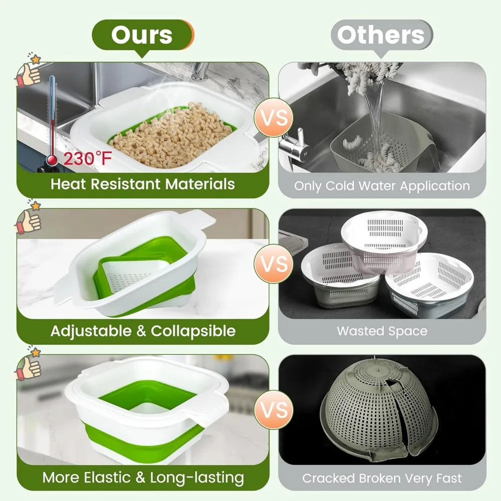 Collapsible Colander Set with Strainer Bowl, 2 in 1 Fruit Washing Basket with Strainer, 5 + 3 QT Plastic Colanders for Kitchen,