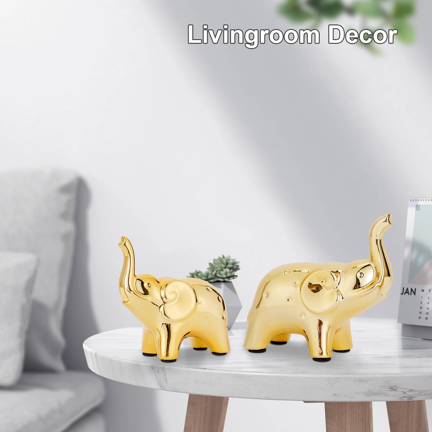 A Pair Golden Resin Elephant Sculpture Craft Elegant Elephant Trunk Sculpture Lucky Wealth Figurine Crafts Ornaments Home Decor