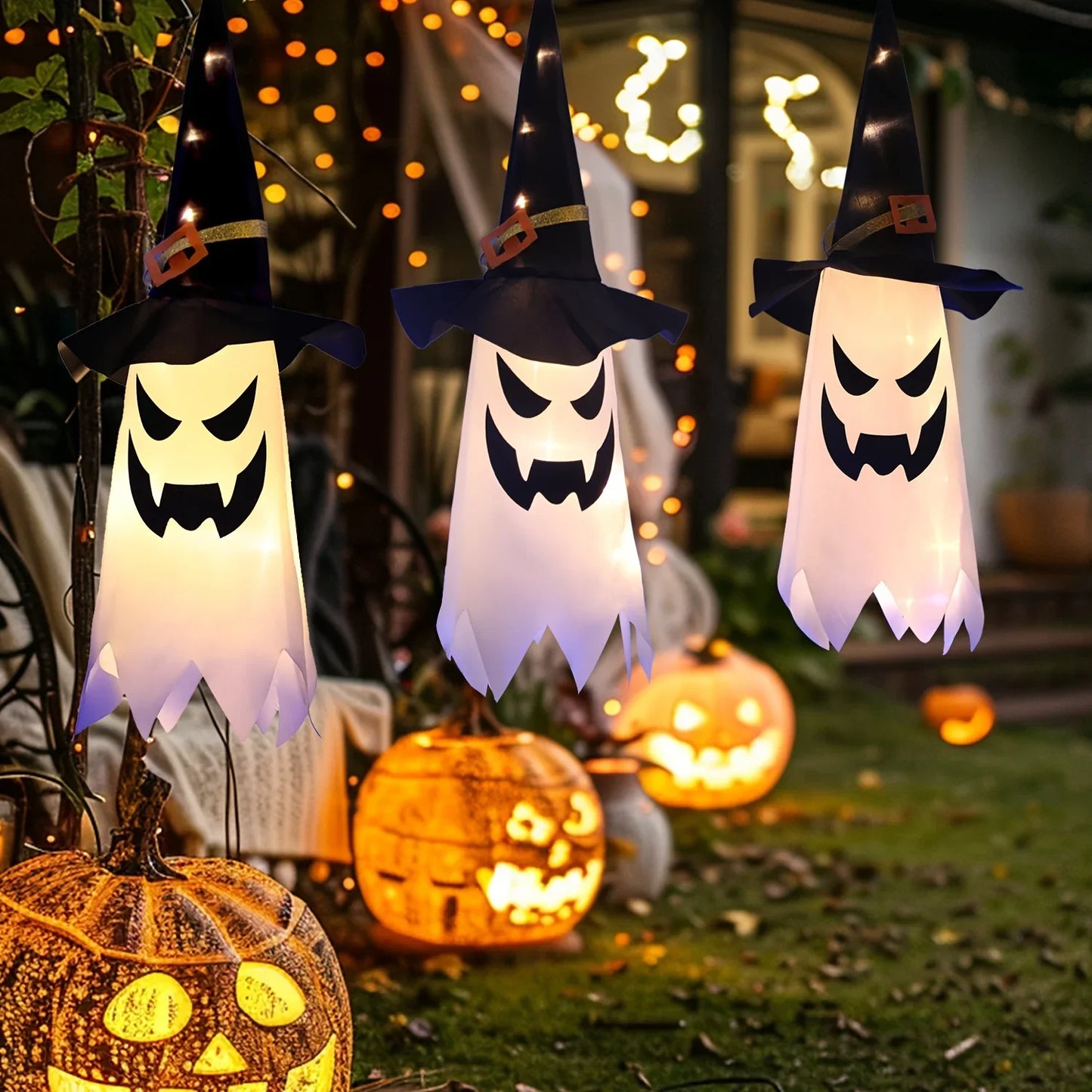 3pcs LED Ghost Lights, Halloween Wizard Hat Hanging Lamps, Plastic Battery-Powered Decorative Lights Spooky Outdoor Decor