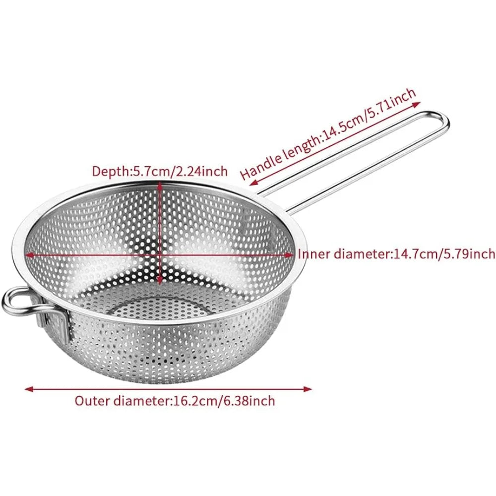 Stainless Steel Colander Fine Mesh Colander with Long Handle, Kitchen Metal Food Strainers with Resting Feet for Strain, Rinse,
