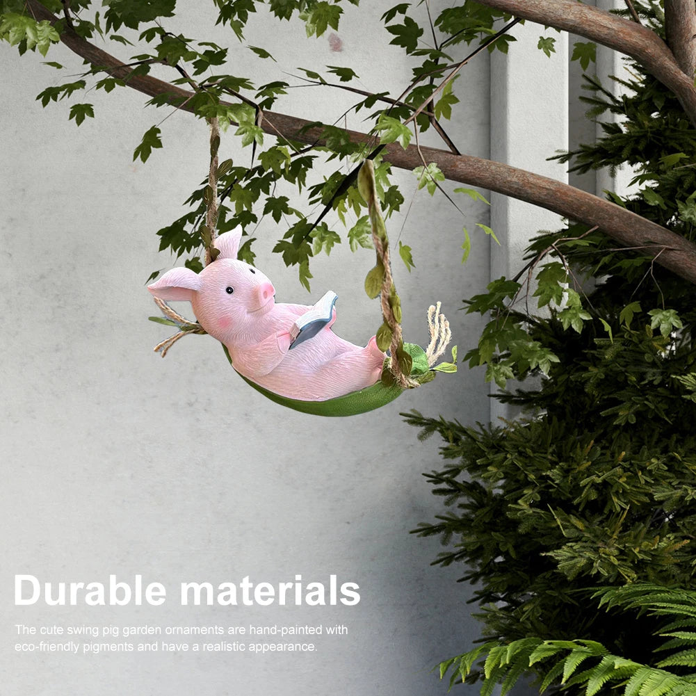 Decorative Piggy Shape Statue Waterproof Pig Swing Sculpture Ornament Lovely Pig Landscape for Outdoor Balcony Patio Tree Decor