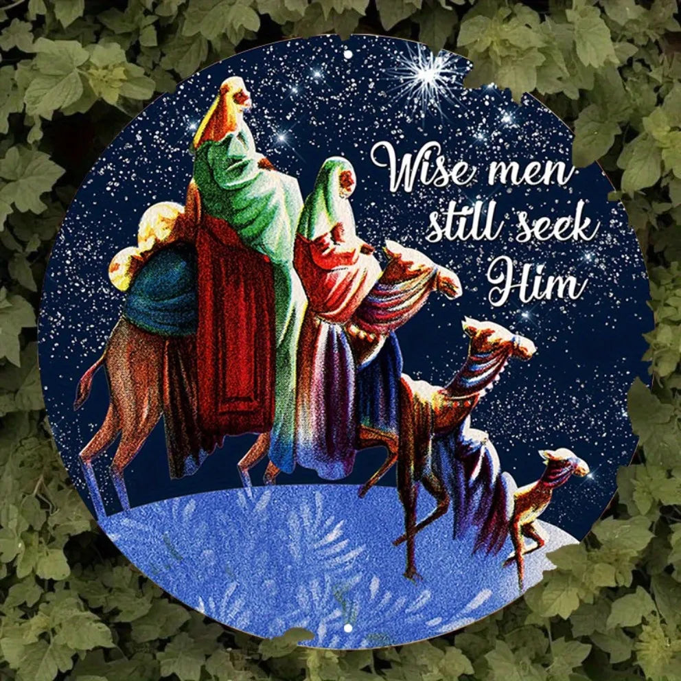 1PC Round Nativity Scene Metal Wall Art -2D "Wise Men Still Seek Him"Vintage Religious Sign|Retro Holiday Plaque for Home,Church