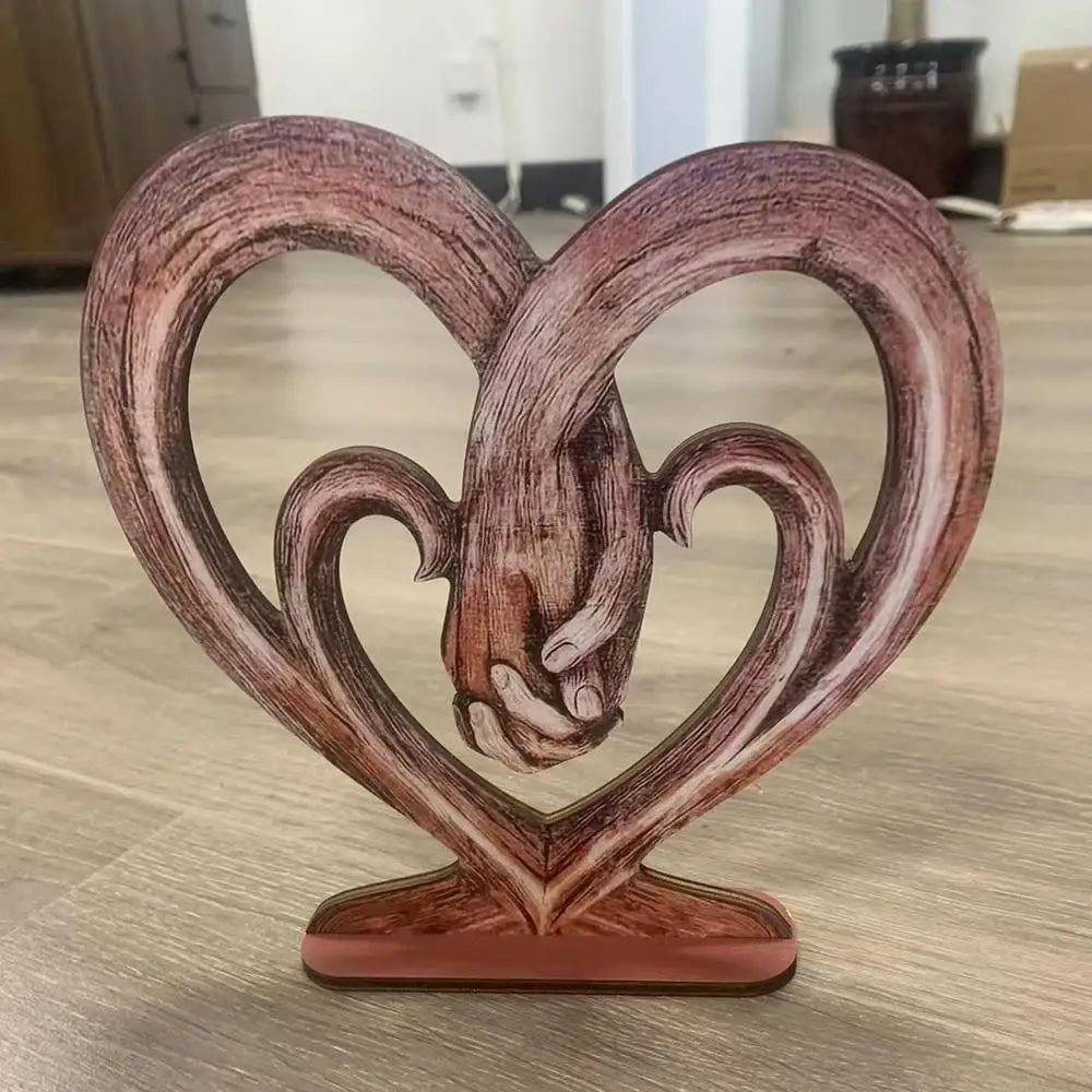 Valentines Day Gift Heart Holding Hands Art Sculpture Desk Decoration Wooden Retro Flat Heart Holding Hands Statue Forever Love