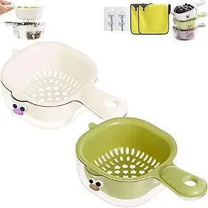 Kitchen Dual-Layer Draining Basket with Handle, Upgraded Fruit Vegetable Washing Bowl with Strainer Container, Multipurpose Port