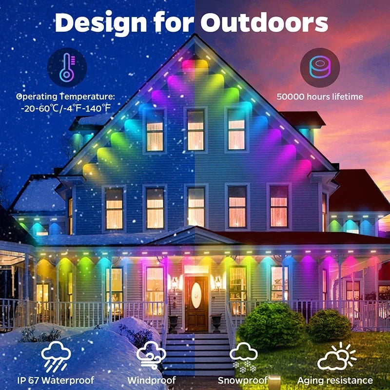 Permanent Outdoor Eaves Light Intelligent RGBIC 90M 180LEDs Eaves Light IP67 Waterproof For Christmas Halloween DIY Lighting