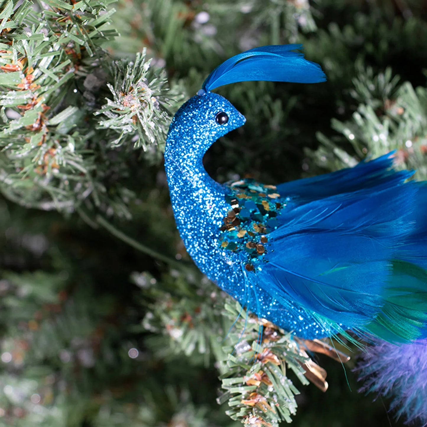 Christmas Decorations Faux Peacock Ornaments Glitter Blue Peacock Ornaments With Tail Feather Clip-On Decor Set For Christmas