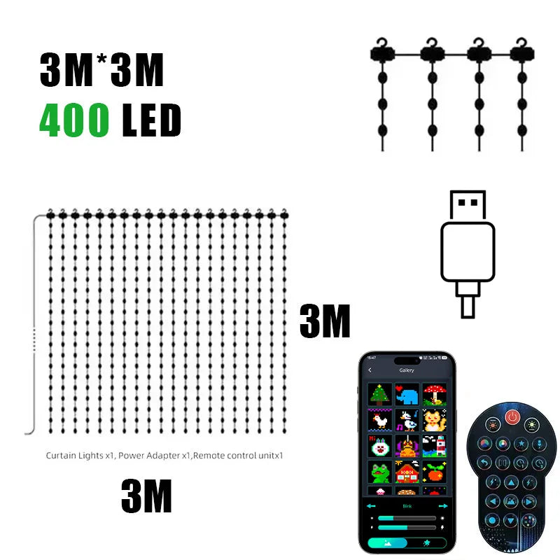 400LEDs Curtain Light String RGB String Lights APP Remote Control Music Sync USB Plug Curtain Light for Room Curtain Decorations