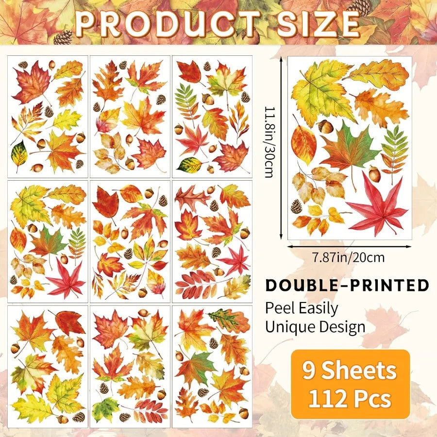 112 Pcs Fall Thanksgiving Window Clings Happy Thanksgiving Glass Window Decorations with Autumn Maple Leaves Stickers and Decal