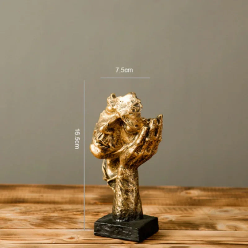17cm Home Decor Abstract Silence Is Gold Figurine Resin Hand Face Silent Men Statue Sculpture Home Office Living Room Decoration