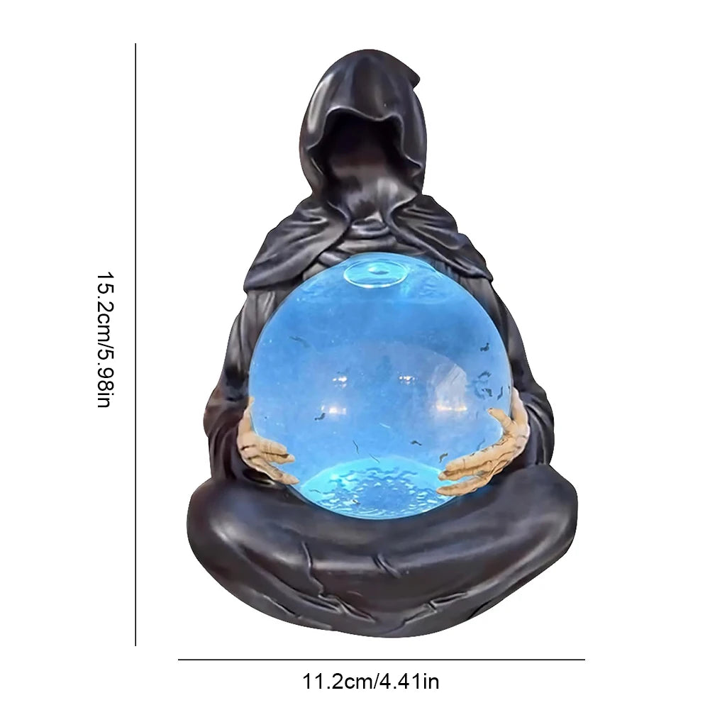Halloween Gothic Reaper Crystal Ball Grim Reaper Statue with Floating Bats Scary Magical Glowing Balls Home Atmosphere Decor