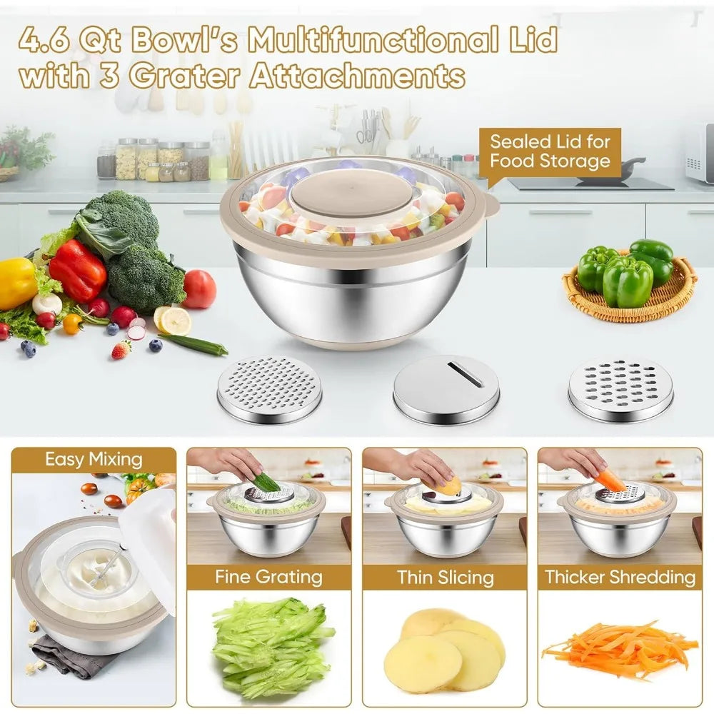 P&P CHEF Mixing Bowls with Lids Set of 3, Stainless Steel Mixing Bowl and Colander for Kitchen, 3 Grater Attachments & Non-Slip