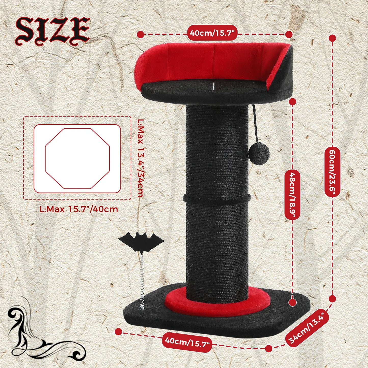 Stable Black Gothic Cat Scratching Post with Super Thick Scratching Post,Removable Spiderweb Pattern Cat Bed,Spring Ball,Cat Toy