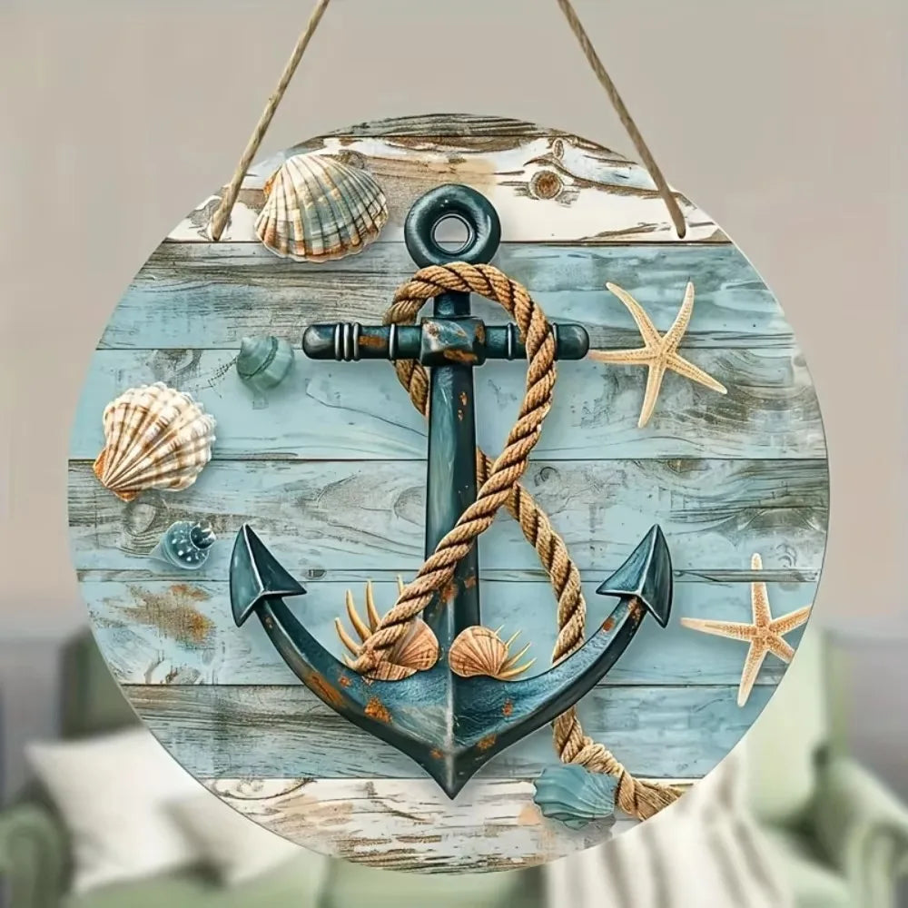 Rustic Round Wreath Sign - Aluminum Beach-Inspired Decor | Ocean Theme for Home|Weatherproof Metal, Nautical Wreath Design